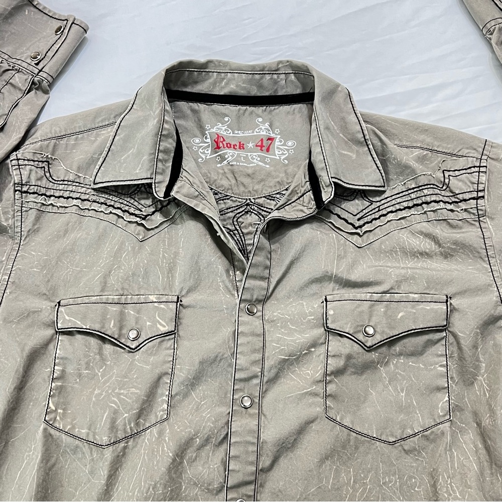 Wrangler Rock 47 Men's Size L Pearl Snap Shirt Bull Skull Western Taupe - Picture 10 of 11